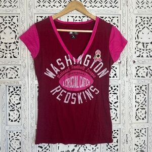 Washington Commanders NFL Pink & Red Short Sleeve V Neck T Shirt Breast Cancer
